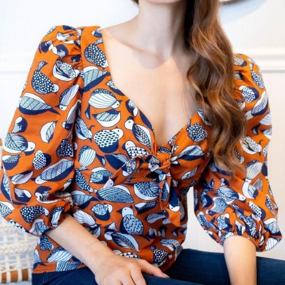 NEW Eva Franco Bird Print Blouse Puff Sleeves Knot front Sweetheart Neck Size 12 - Picture 2 of 16